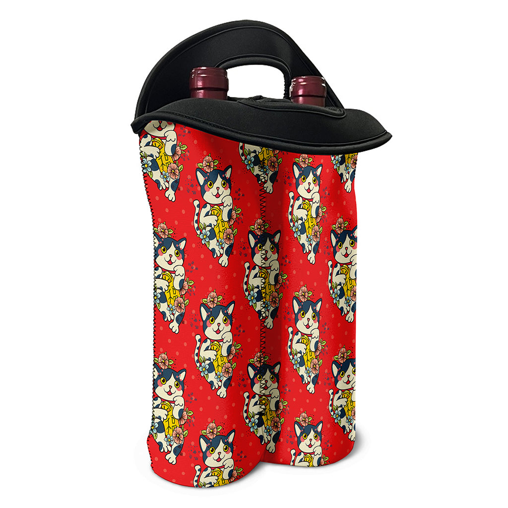 Japanese Cat Maneki Neko Pattern Print Double Neoprene Wine Tote