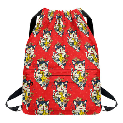 Japanese Cat Maneki Neko Pattern Print Drawstring Backpack