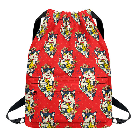 Japanese Cat Maneki Neko Pattern Print Drawstring Backpack