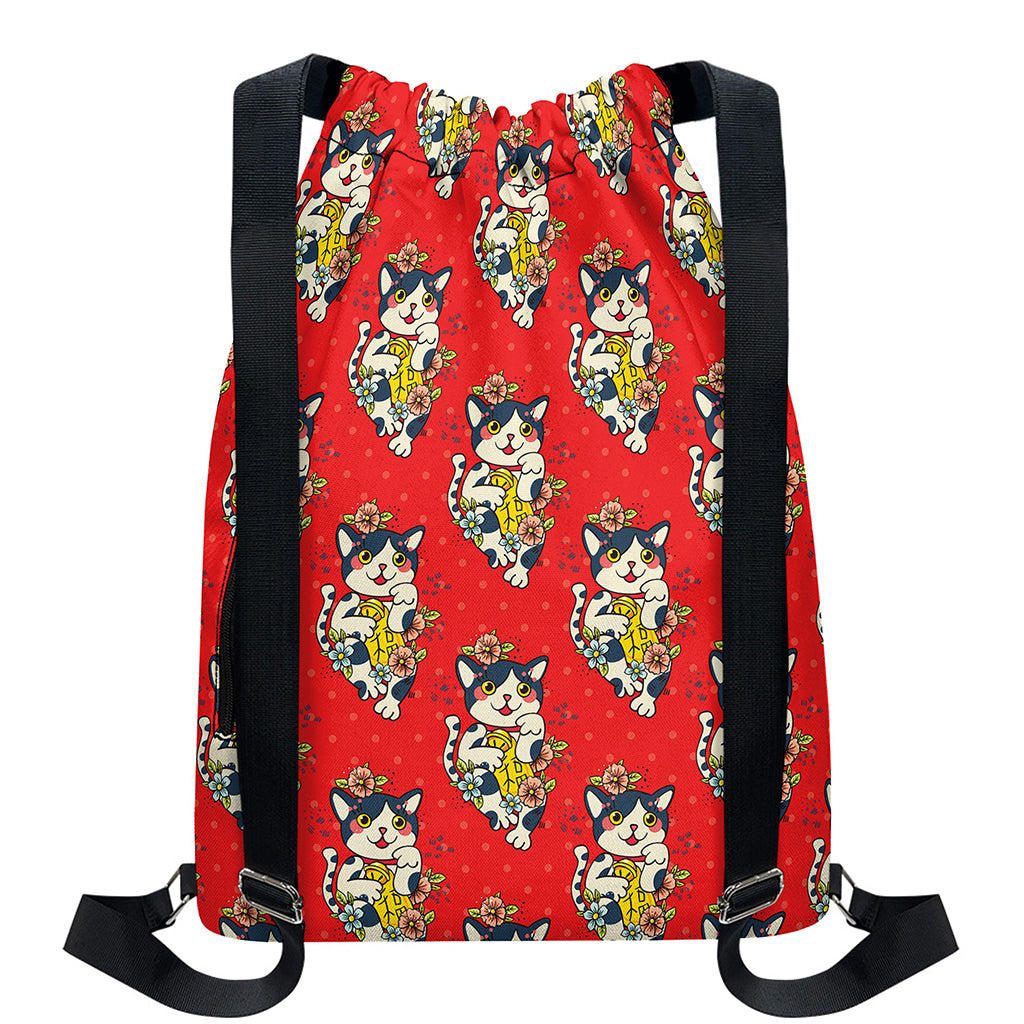 Japanese Cat Maneki Neko Pattern Print Drawstring Backpack