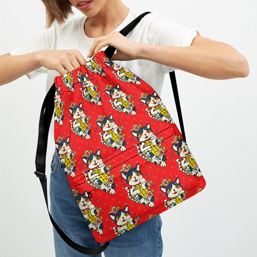 Japanese Cat Maneki Neko Pattern Print Drawstring Backpack