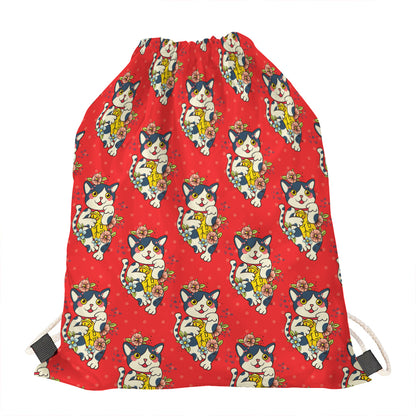 Japanese Cat Maneki Neko Pattern Print Drawstring Bag
