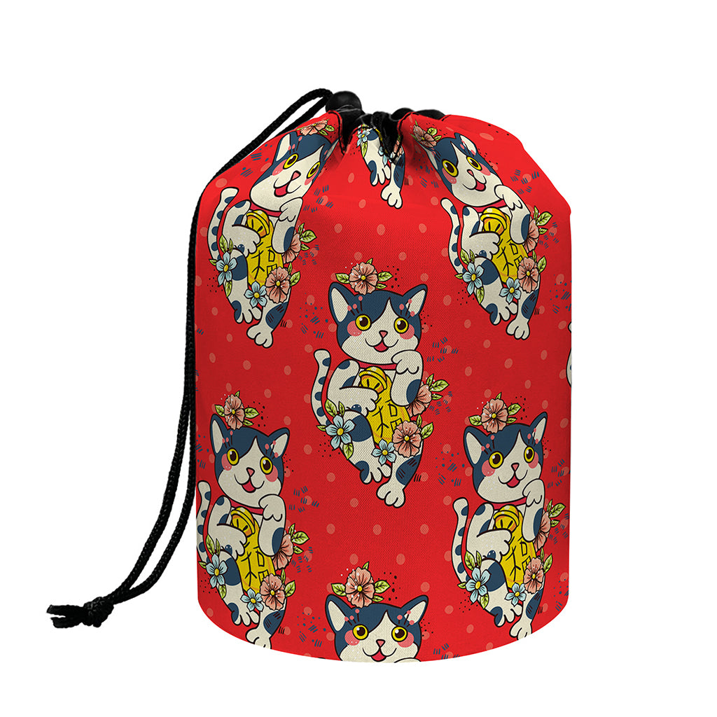 Japanese Cat Maneki Neko Pattern Print Drawstring Makeup Bag