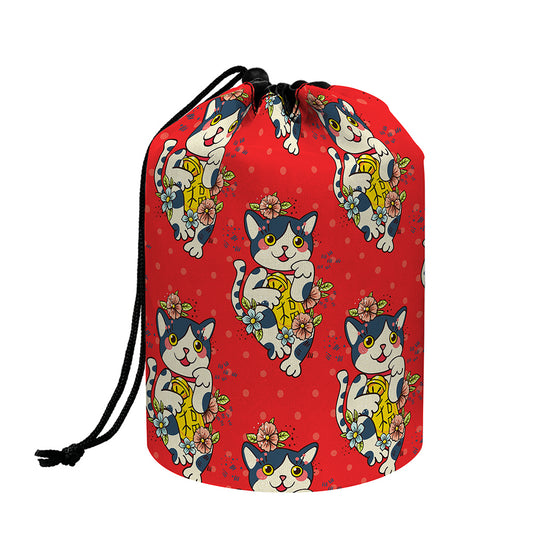 Japanese Cat Maneki Neko Pattern Print Drawstring Makeup Bag
