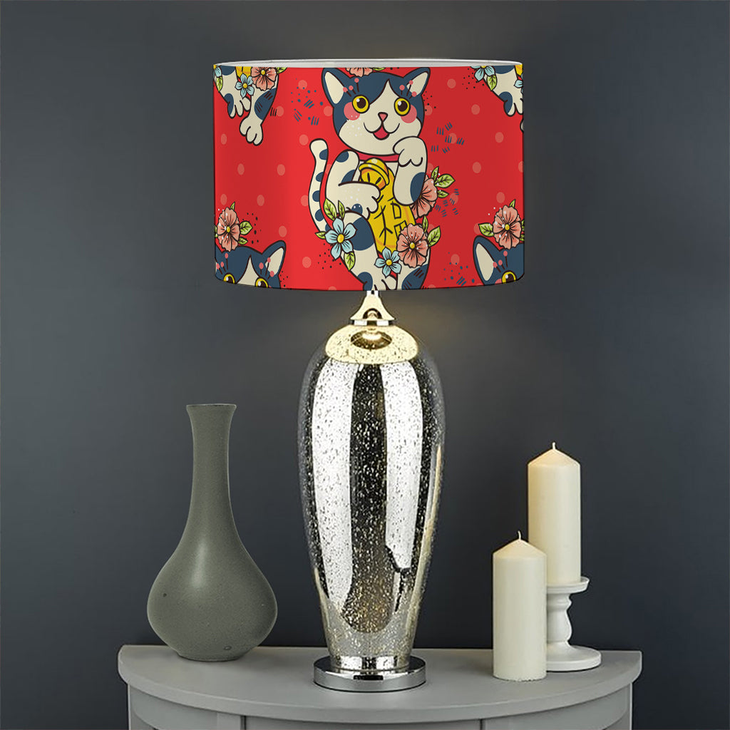 Japanese Cat Maneki Neko Pattern Print Drum Lamp Shade