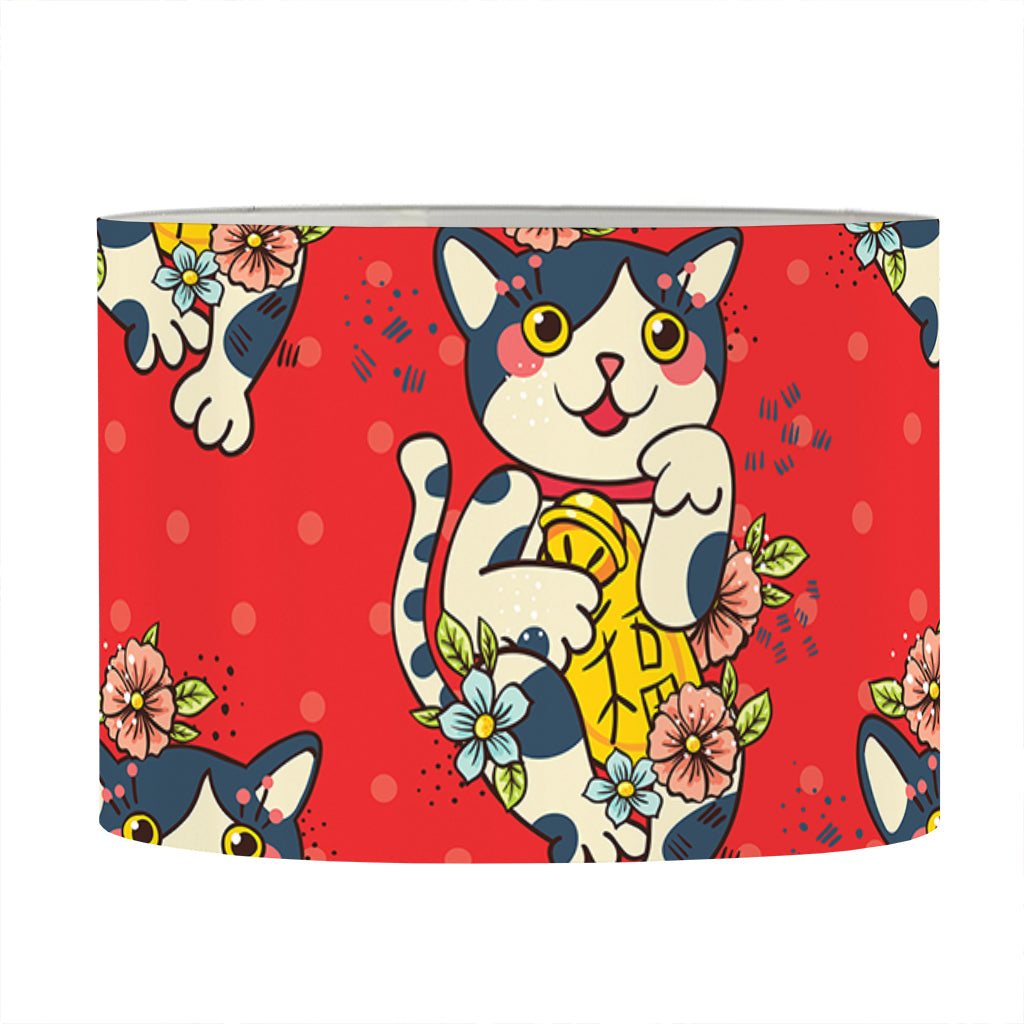 Japanese Cat Maneki Neko Pattern Print Drum Lamp Shade