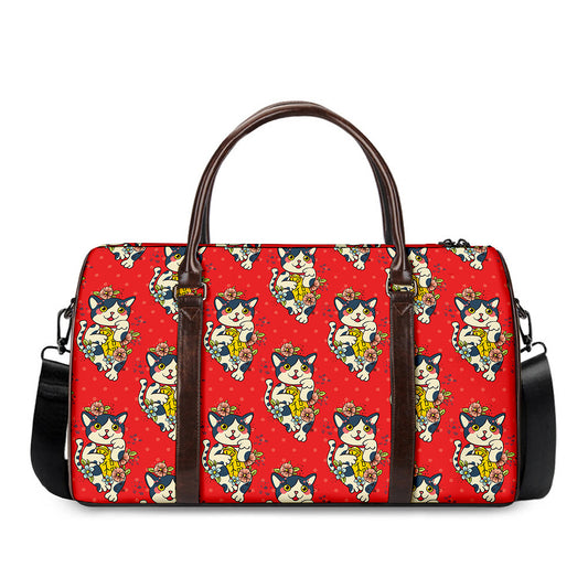 Japanese Cat Maneki Neko Pattern Print Duffle Bag