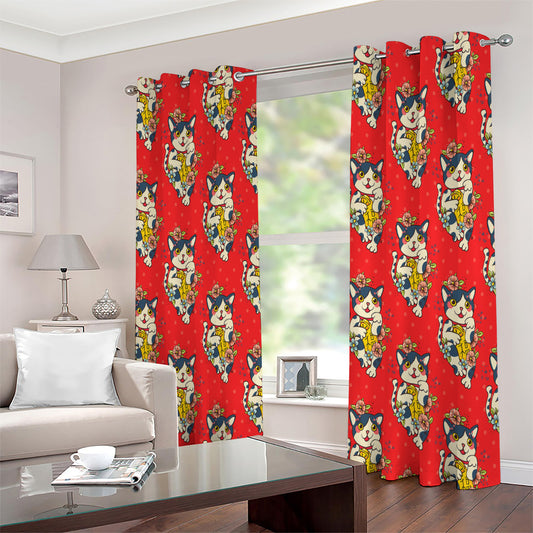 Japanese Cat Maneki Neko Pattern Print Extra Wide Grommet Curtains