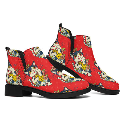 Japanese Cat Maneki Neko Pattern Print Flat Ankle Boots