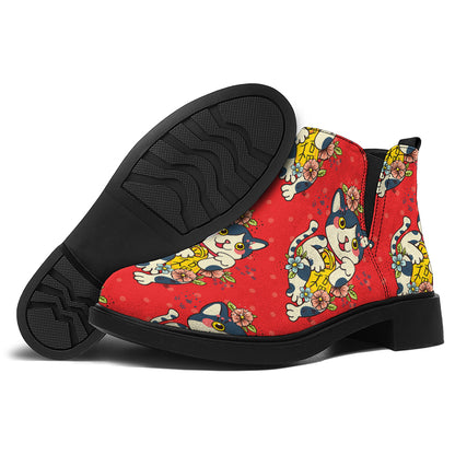 Japanese Cat Maneki Neko Pattern Print Flat Ankle Boots