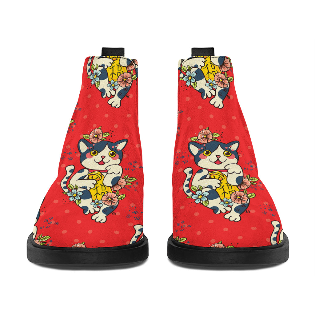 Japanese Cat Maneki Neko Pattern Print Flat Ankle Boots