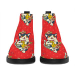 Japanese Cat Maneki Neko Pattern Print Flat Ankle Boots