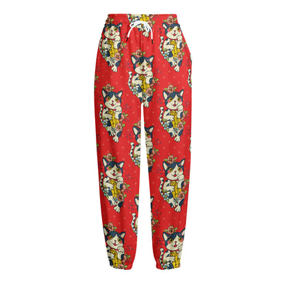 Japanese Cat Maneki Neko Pattern Print Fleece Lined Knit Pants
