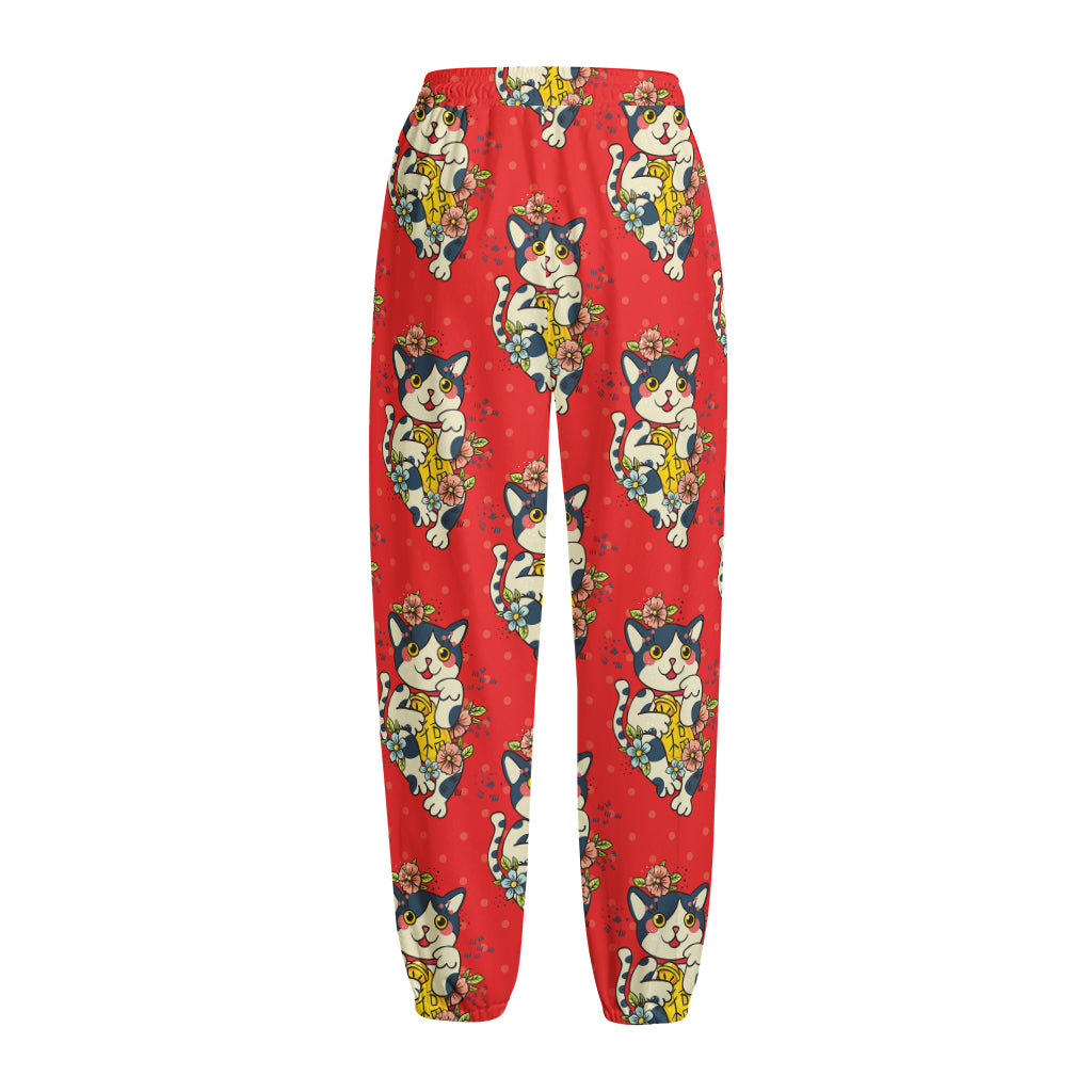 Japanese Cat Maneki Neko Pattern Print Fleece Lined Knit Pants