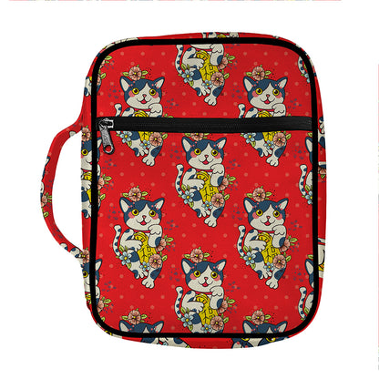 Japanese Cat Maneki Neko Pattern Print Front Pocket Bible Bag