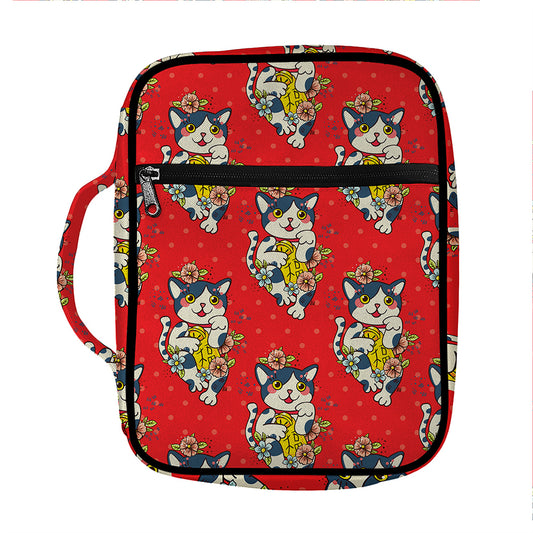 Japanese Cat Maneki Neko Pattern Print Front Pocket Bible Bag