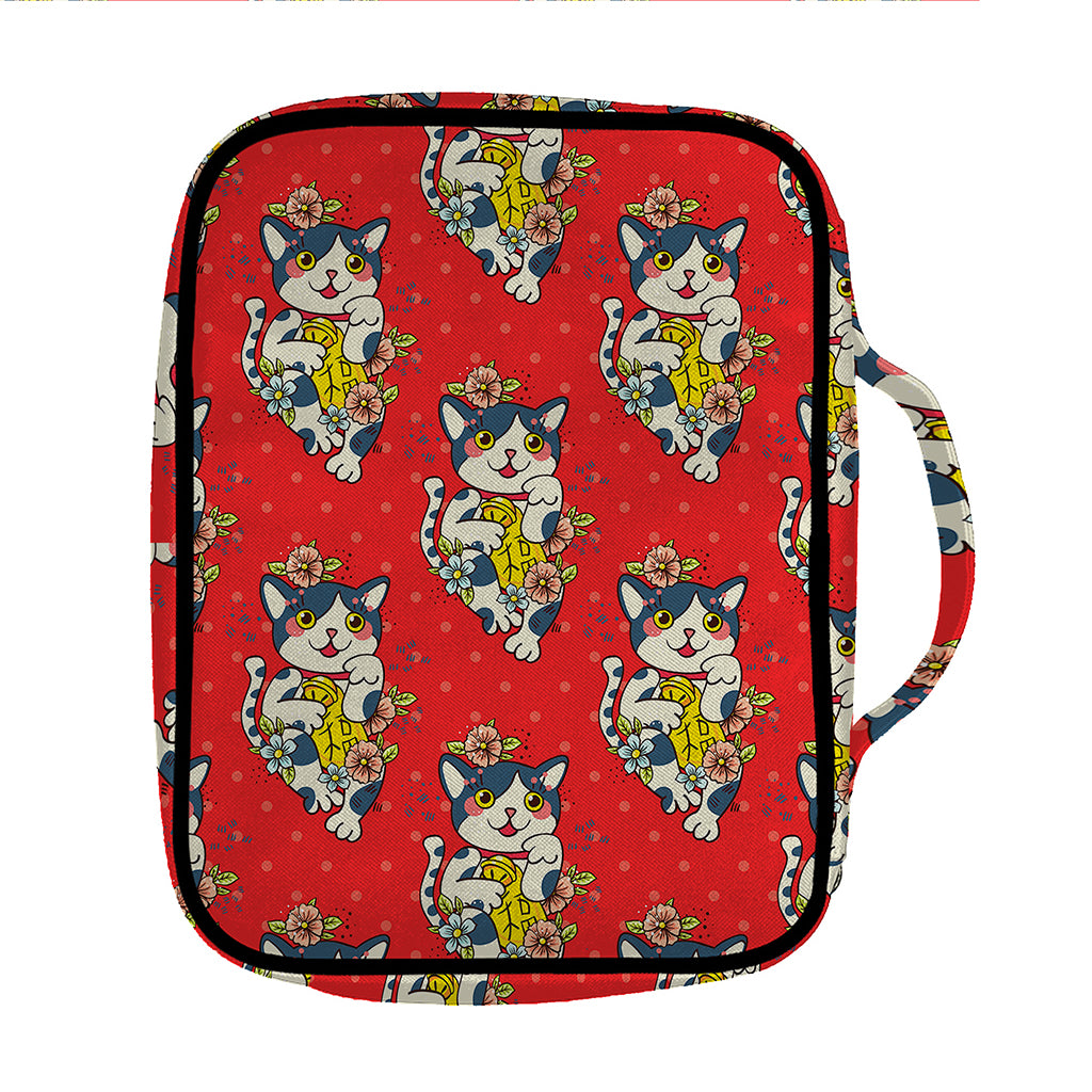 Japanese Cat Maneki Neko Pattern Print Front Pocket Bible Bag