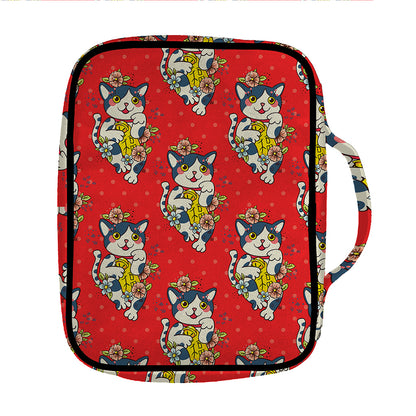 Japanese Cat Maneki Neko Pattern Print Front Pocket Bible Bag