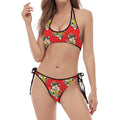 Japanese Cat Maneki Neko Pattern Print Halter Scoop Tie Side Bikini