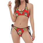 Japanese Cat Maneki Neko Pattern Print Halter Scoop Tie Side Bikini