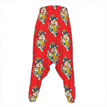 Japanese Cat Maneki Neko Pattern Print Hammer Pants