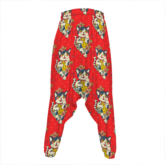 Japanese Cat Maneki Neko Pattern Print Hammer Pants