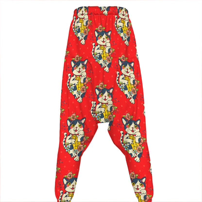 Japanese Cat Maneki Neko Pattern Print Hammer Pants