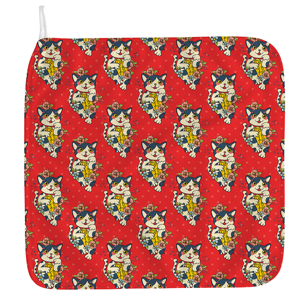 Japanese Cat Maneki Neko Pattern Print Hand Towel