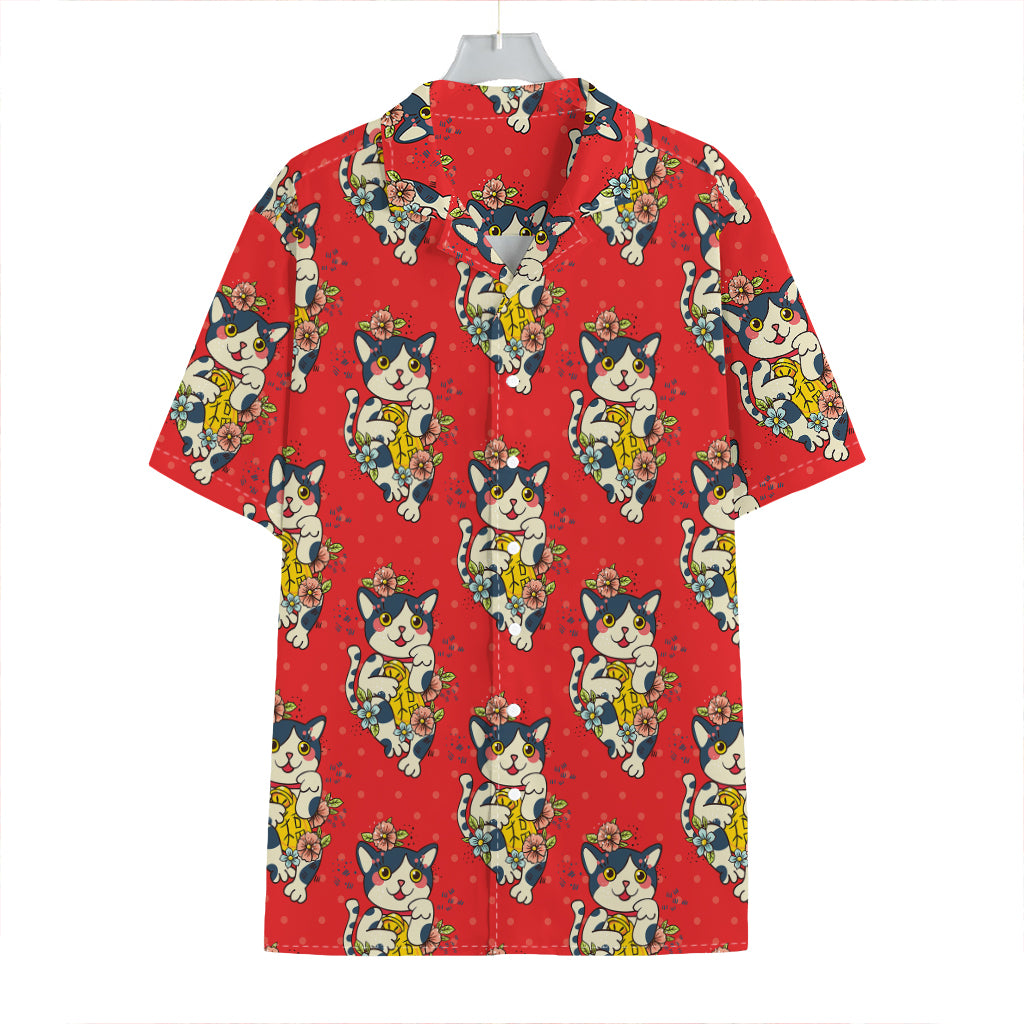 Japanese Cat Maneki Neko Pattern Print Hawaiian Shirt