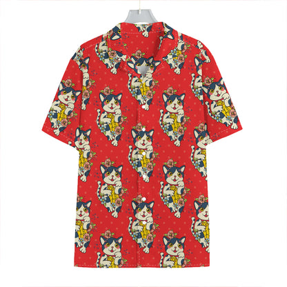 Japanese Cat Maneki Neko Pattern Print Hawaiian Shirt