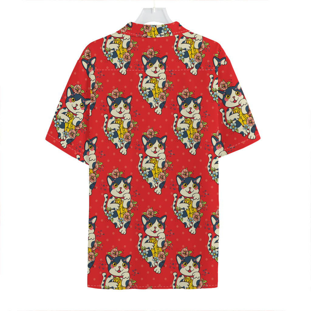 Japanese Cat Maneki Neko Pattern Print Hawaiian Shirt
