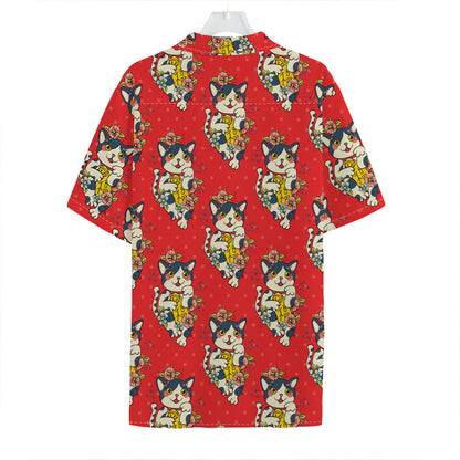 Japanese Cat Maneki Neko Pattern Print Hawaiian Shirt
