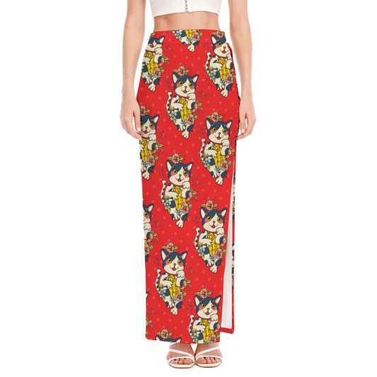 Japanese Cat Maneki Neko Pattern Print High Slit Maxi Skirt