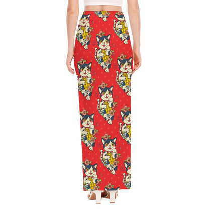 Japanese Cat Maneki Neko Pattern Print High Slit Maxi Skirt