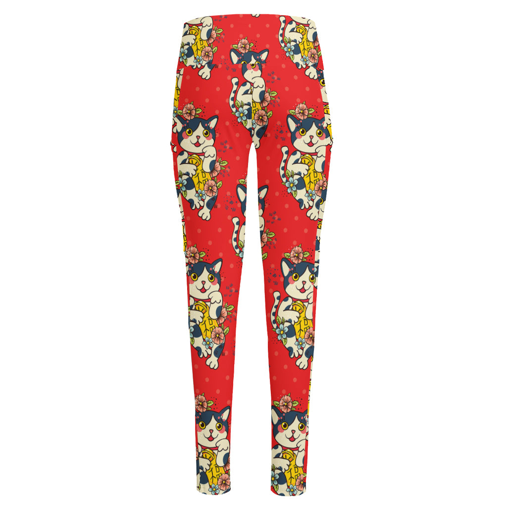 Japanese Cat Maneki Neko Pattern Print High-Waisted Pocket Leggings