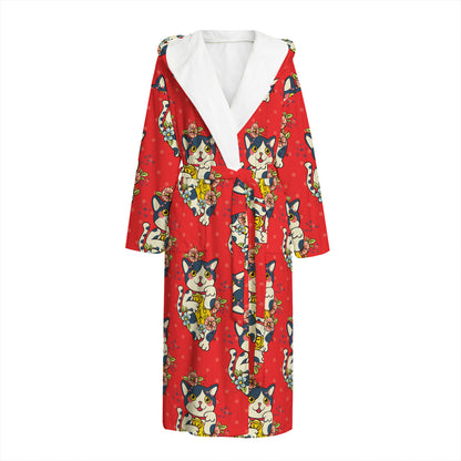 Japanese Cat Maneki Neko Pattern Print Hooded Bathrobe