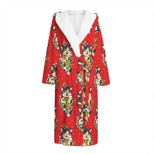 Japanese Cat Maneki Neko Pattern Print Hooded Bathrobe