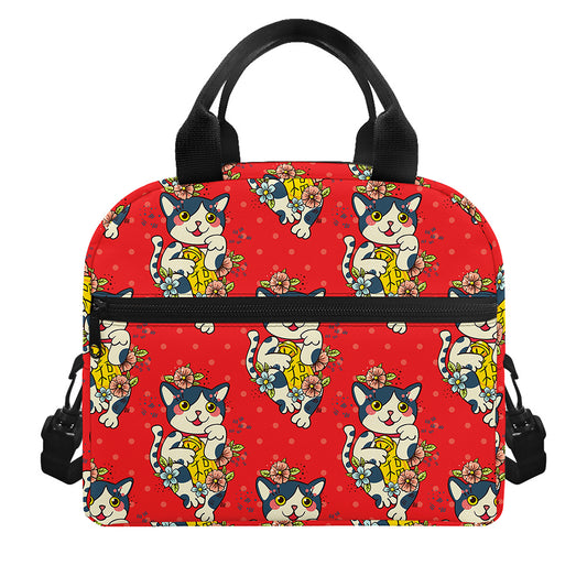 Japanese Cat Maneki Neko Pattern Print Insulated Lunch Bag