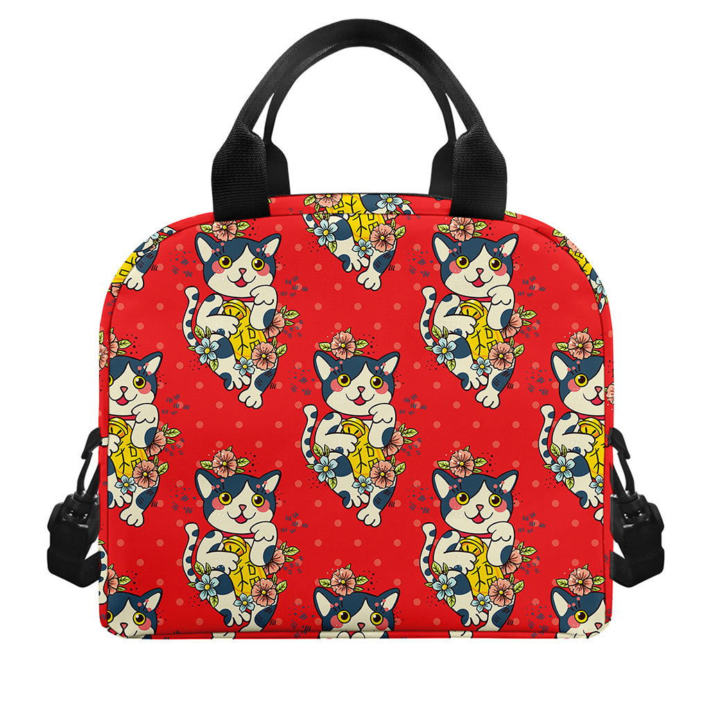 Japanese Cat Maneki Neko Pattern Print Insulated Lunch Bag