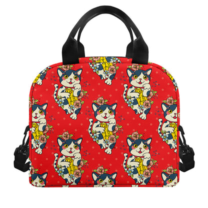 Japanese Cat Maneki Neko Pattern Print Insulated Lunch Bag