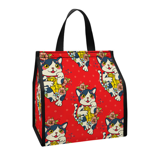 Japanese Cat Maneki Neko Pattern Print Insulated Lunch Tote