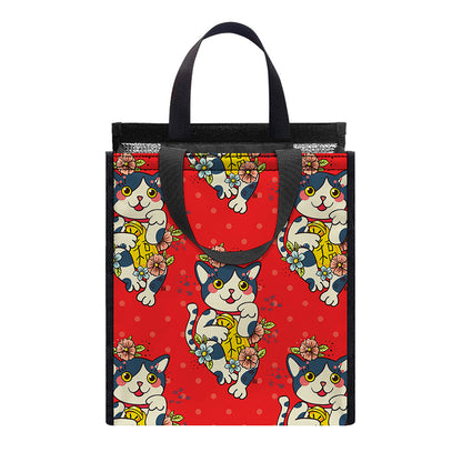 Japanese Cat Maneki Neko Pattern Print Insulated Lunch Tote