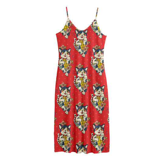 Japanese Cat Maneki Neko Pattern Print Jersey Midi Cami Dress
