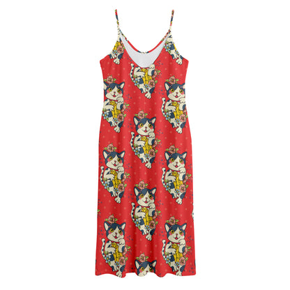 Japanese Cat Maneki Neko Pattern Print Jersey Midi Cami Dress