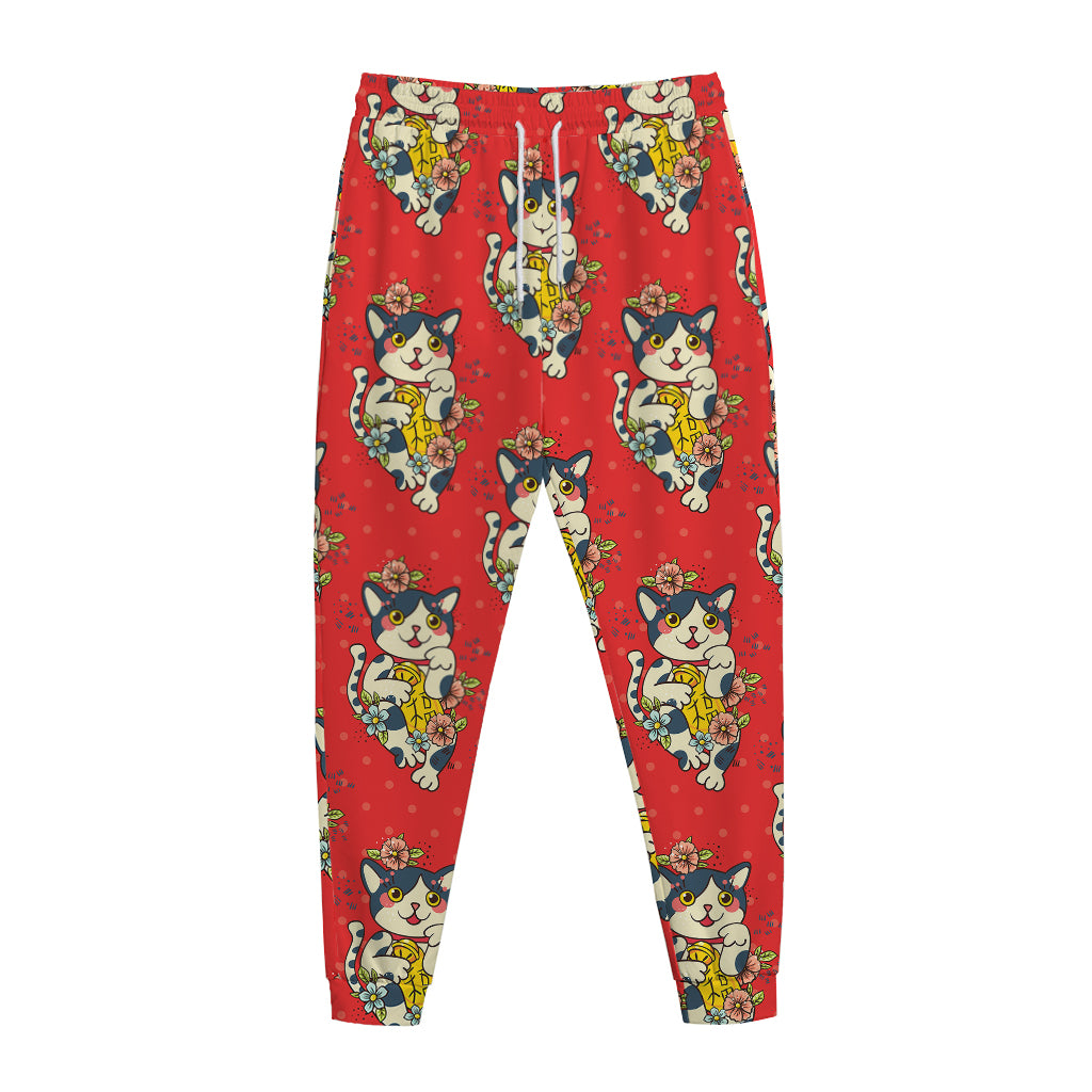 Japanese Cat Maneki Neko Pattern Print Jogger Pants