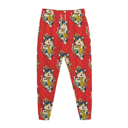 Japanese Cat Maneki Neko Pattern Print Jogger Pants