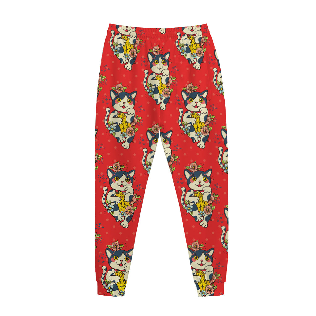 Japanese Cat Maneki Neko Pattern Print Jogger Pants