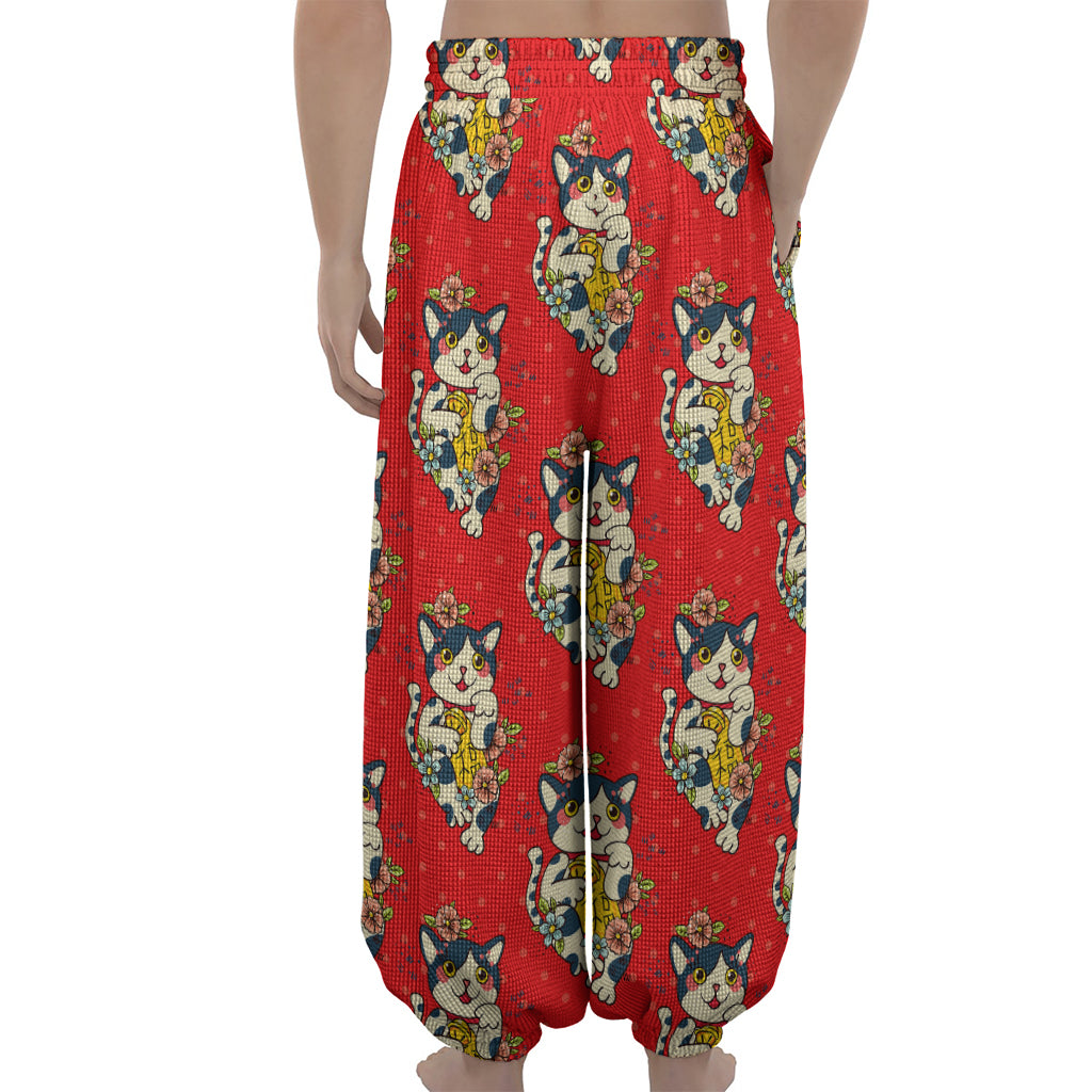 Japanese Cat Maneki Neko Pattern Print Lantern Pants