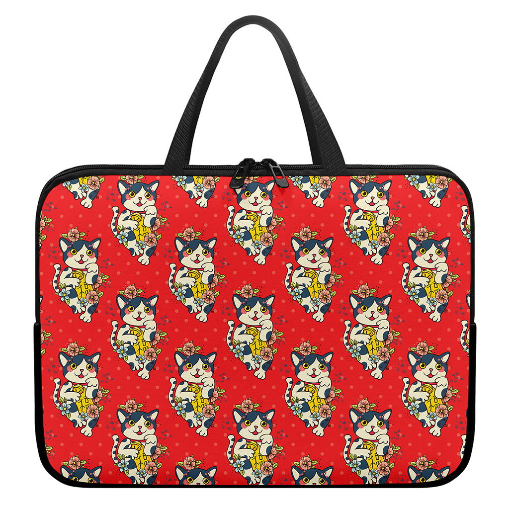 Japanese Cat Maneki Neko Pattern Print Laptop Sleeve With Handle
