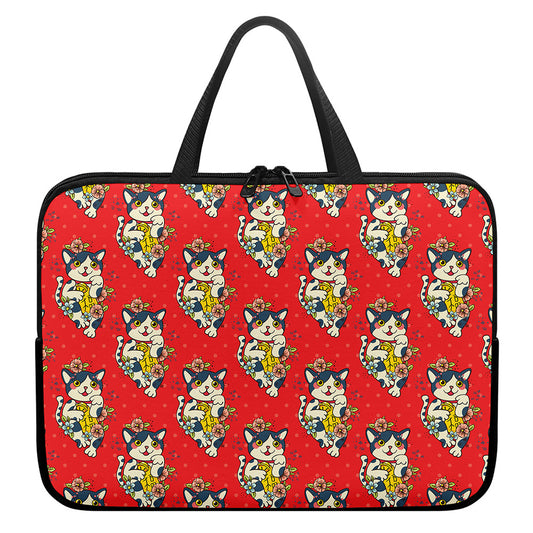 Japanese Cat Maneki Neko Pattern Print Laptop Sleeve With Handle